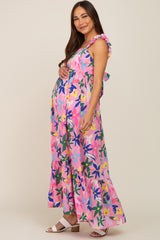 Pink Floral Ruffle Back Tie Maternity Maxi Dress