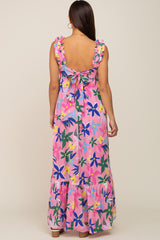 Pink Floral Ruffle Back Tie Maternity Maxi Dress