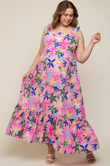 Pink Floral Ruffle Strap Maternity Plus Size Maxi Dress