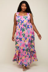 Pink Floral Ruffle Strap Plus Size Maxi Dress