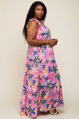 Pink Floral Ruffle Strap Plus Size Maxi Dress