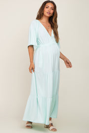 Mint Green Deep V-Neck Tiered Maternity Maxi Dress