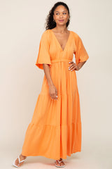 Orange Deep V-Neck Tiered Maternity Maxi Dress