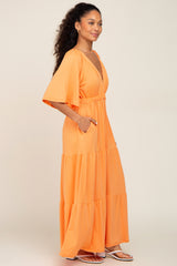 Orange Deep V-Neck Tiered Maxi Dress