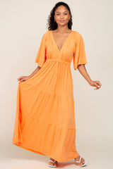 Orange Deep V-Neck Tiered Maxi Dress