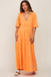 Orange Deep V-Neck Tiered Maternity Maxi Dress