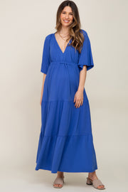 Royal Blue Deep V-Neck Tiered Maternity Maxi Dress