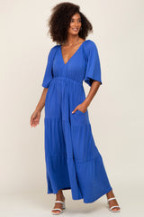 Royal Blue Deep V-Neck Tiered Maternity Maxi Dress