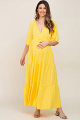 Yellow Deep V-Neck Tiered Maternity Maxi Dress