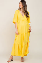 Yellow Deep V-Neck Tiered Maternity Maxi Dress