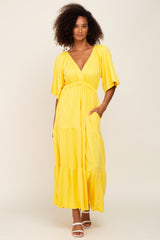 Yellow Deep V-Neck Tiered Maternity Maxi Dress