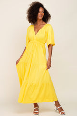 Yellow Deep V-Neck Tiered Maxi Dress