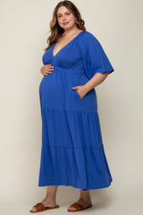 Royal Blue Deep V-Neck Tiered Maternity Plus Maxi Dress