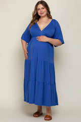 Royal Blue Deep V-Neck Tiered Maternity Plus Maxi Dress