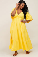 Yellow Deep V-Neck Tiered Maternity Plus Maxi Dress