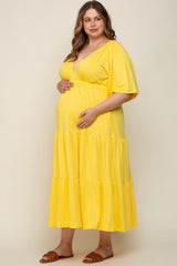 Yellow Deep V-Neck Tiered Maternity Plus Maxi Dress