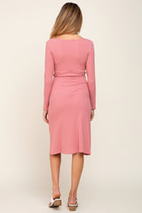 Pink Rib Knit Long Sleeve Maternity Wrap Midi Dress