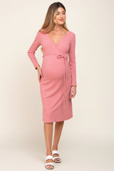 Pink Rib Knit Long Sleeve Maternity Wrap Midi Dress