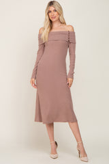 Mocha Ribbed Knit Foldover Off Shoulder Maternity Midi Dress