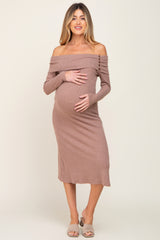 Mocha Ribbed Knit Foldover Off Shoulder Maternity Midi Dress