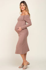 Mocha Ribbed Knit Foldover Off Shoulder Maternity Midi Dress