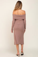 Mocha Ribbed Knit Foldover Off Shoulder Maternity Midi Dress