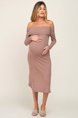 Mocha Ribbed Knit Foldover Off Shoulder Maternity Midi Dress