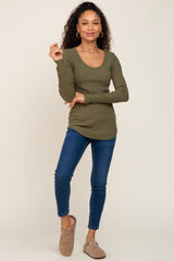 Olive Ribbed Scoop Neck Long Sleeve Top