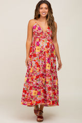 Red Floral Open Back Maternity Maxi Dress