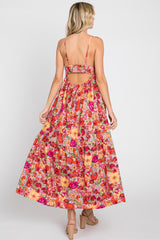 Red Floral Open Back Maxi Dress