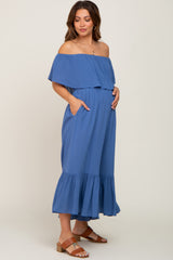 Blue Flounce Off Shoulder Maternity Jumpsuit