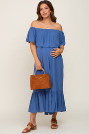 Blue Flounce Off Shoulder Maternity Jumpsuit