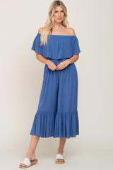 Blue Flounce Off Shoulder Maternity Jumpsuit