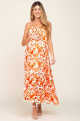 Orange Floral Sleeveless Maternity Maxi Dress