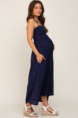 Navy Gingham Smocked Hi-Lo Maternity Maxi Dress