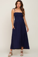 Navy Gingham Smocked Hi-Lo Maternity Maxi Dress