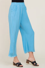 Aqua Blue Linen Frayed Hem Crop Pants