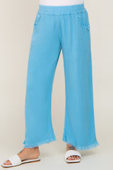 Aqua Blue Linen Frayed Hem Crop Maternity Pants