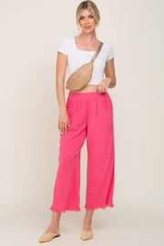 Fuchsia Linen Frayed Hem Crop Pants