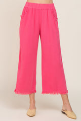 Fuchsia Linen Frayed Hem Crop Pants