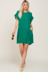 Green Frayed Trim Back Keyhole Linen Dress