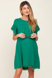 Green Frayed Trim Back Keyhole Linen Maternity Dress