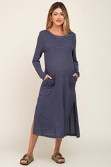 Navy Striped Side Slit Maternity Midi Dress