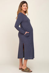 Navy Striped Side Slit Maternity Midi Dress