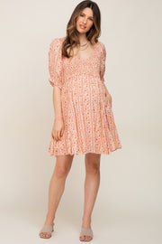 Peach Floral Puff Sleeve Smocked Maternity Mini Dress