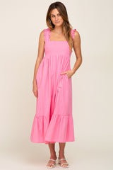 Pink Ruffle Accent Back Tie Maternity Midi Dress