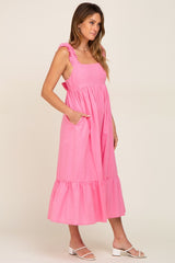 Pink Ruffle Accent Back Tie Midi Dress