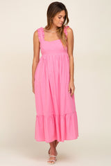 Pink Ruffle Accent Back Tie Midi Dress