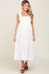 White Ruffle Accent Back Tie Maternity Midi Dress