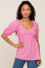 Fuchsia Gingham Smocked Puff Sleeve Top